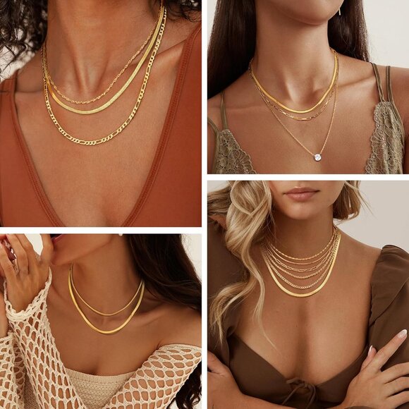 Gold Layered Necklace Set for Women Herringbone Paperclip Chain Pendant Jewelry - Picture 3 of 7